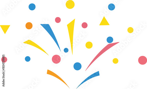 Abstract illustration of colorful confetti and streamers exploding against a white background