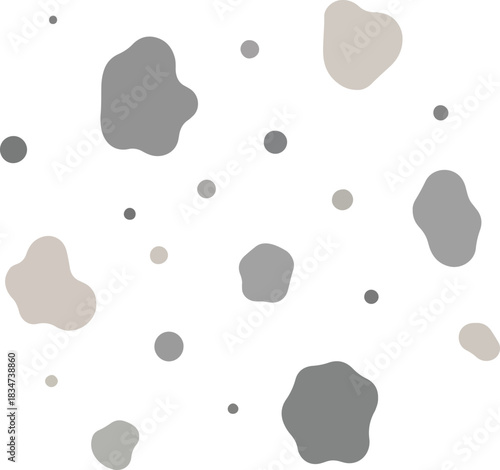 Abstract pattern of gray and beige irregular shapes and dark gray circles on white