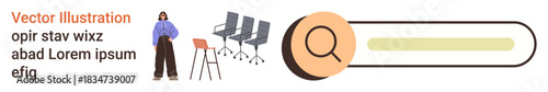 Workspace design, job search, office setup, business tools, career exploration, modern work culture. Standing person next to chairs, magnifying glass icon on search bar. Workspace design and job