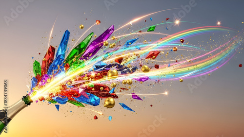 Radiant celebration fantasy with vibrant crystal shards erupting from a champagne bottle as glowing motion trails form a festive scene with bright energy spark elements for dynamic creative visual art
