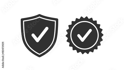 Vector illustration of Check mark icons a shield and rosette badge vector symbols for approval and verification isolated on white background