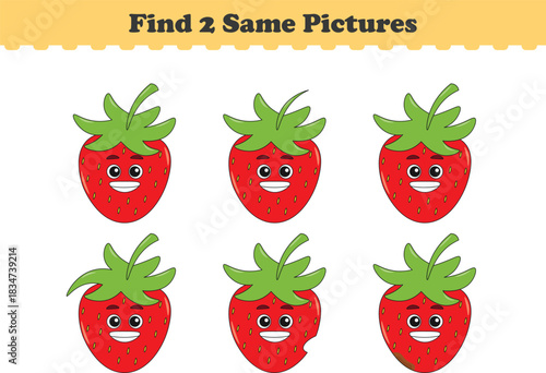 Funny cartoon fruits. Find two same pictures. Educational game for children. Cartoon vector illustration