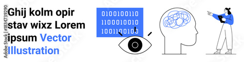 Binary code in a grid, magnified by an eye, adjacent to a brain diagram. A person with a tablet points toward these elements. Ideal for technology, science, education, vision, innovation research