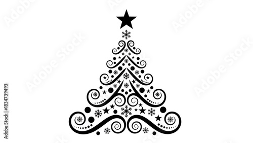 Christmas artwork with a decorative swirl tree formed by stars snowflakes dots and curved lines topped with a bold star creating an elegant festive winter holiday scene for seasonal greeting visual 