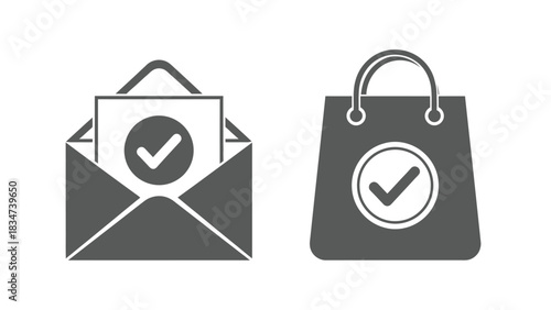 Vector illustration of Envelope and shopping bag icons with checkmarks simple flat vector symbols for successful delivery and order confirmation isolated on whit