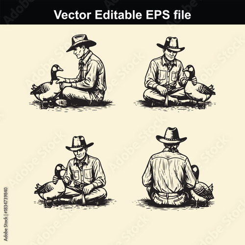 vintage style vector illustration set of four different poses of a cowboy or hunter sitting on the ground with a goose or duck, suitable for rustic or outdoor themes