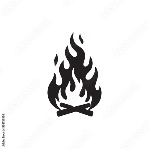 Black silhouette of a campfire with flames burning above crossed logs, isolated on a white background.