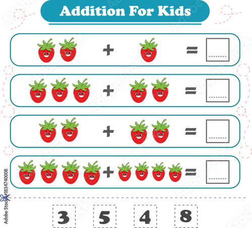 Game for children fun addition by counting fruits pictures printable worksheet vector