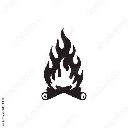 Black silhouette of a campfire with flames and logs on fire