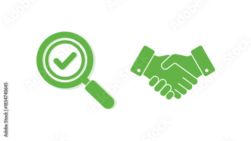 Vector illustration of Green check mark in magnifying glass and handshake icons simple flat vector design for business and agreement concepts isolated on white b