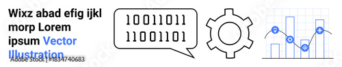 Binary code speech bubble, gear symbol, and bar chart with line graph. Ideal for technology, analytics, coding, digital transformation, programming, machine learning automation simple landing page