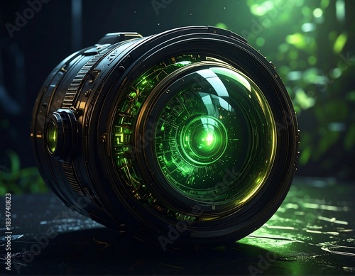 A close-up view presents a futuristic camera lens. Glows emanate green light. Metallic details show intricate, complex technology