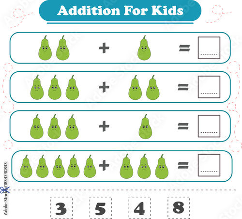 Game for children fun addition by counting fruits pictures printable worksheet vector