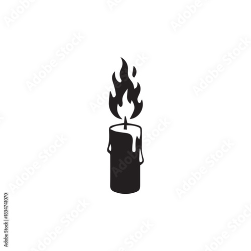 A black and white illustration of a burning candle with dripping wax, isolated on a white background.
