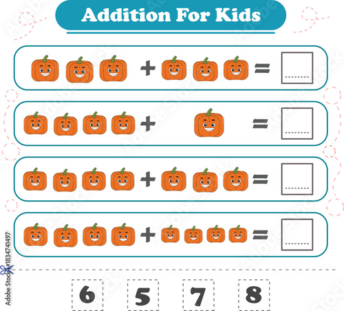 Game for children fun addition by counting fruits pictures printable worksheet vector
