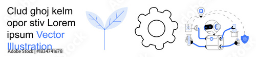 Technology innovation, AI solutions, environmental sustainability, automation, progress, eco-consciousness. Robotic figure, gear mechanism and a leaf icon. Technology innovation and AI solutions
