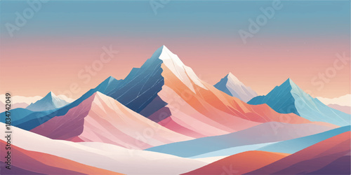 Abstract mountain range illustration featuring dimensional curves and lite pink, orange, and blue gradient for tech backgrounds.