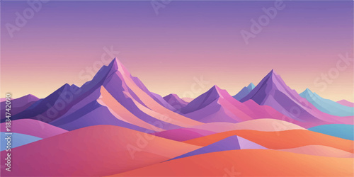 Vibrant layered mountain landscape illustration with pink and purple geometric shapes under a dramatic sunset sky.
