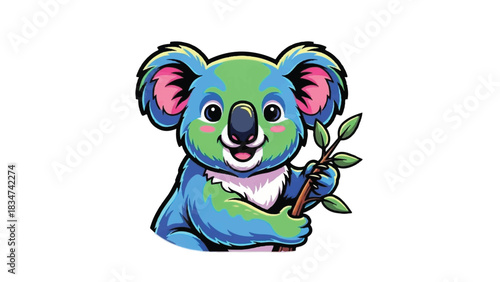 Cartoon Koala Holding Eucalyptus Branch with Earth-Toned Fur.