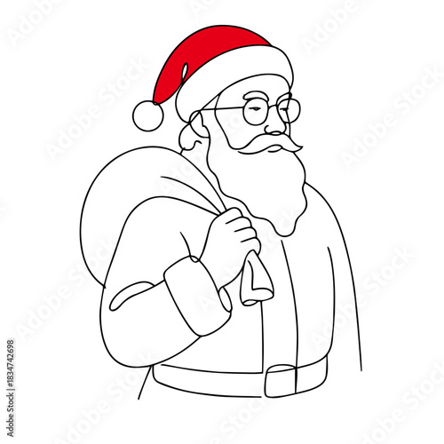 Mr Santa claus with gift bag on continous line