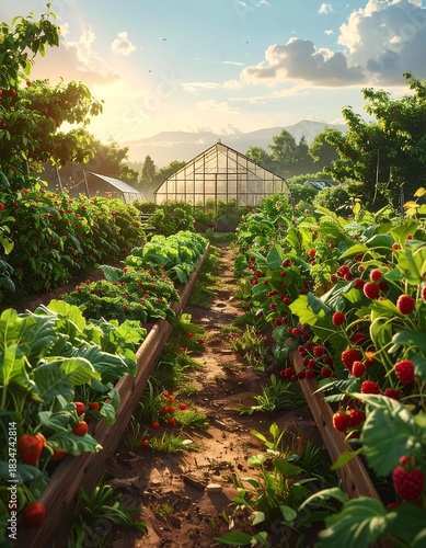 Lush garden path leading to a greenhouse on a sunny, summer day