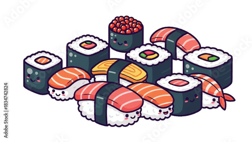 Cute Kawaii Sushi Assortment with Smiling Faces.