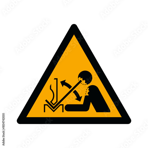 ISO 7010 W032 Rapid Movement of Workpiece in Press Brake Warning Sign. Rapid Workpiece Movement Industrial Safety Icon. Mechanical Hazard and Risk Sign. 