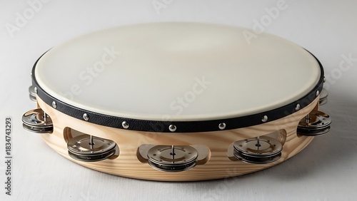 Close-up of a wooden tambourine with jingles and textured drumhead