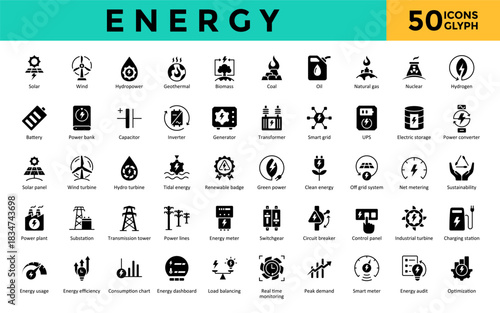 Energy icons set with solar, wind, hydropower, geothermal icon. Simple line vector. Editable stroke. 
