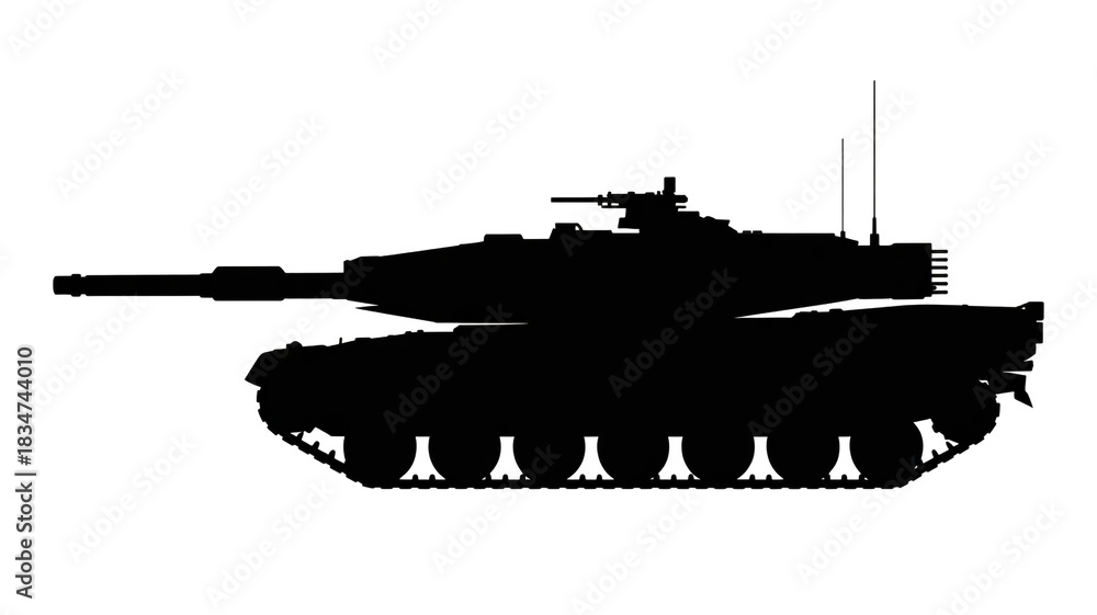 Naklejka premium A black and white silhouette illustration of a modern military tank against a white backgrou