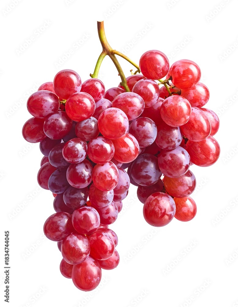 Fototapeta premium A close-up studio shot presents a ripe bunch of ruby-red grapes against a stark white backdrop, showcasing their texture