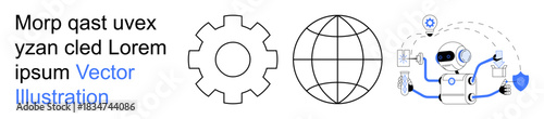 Artificial intelligence, global networking, automation, robotics, technology integration, digital systems. Gear, globe and robot illustration. Artificial intelligence and global networking concepts