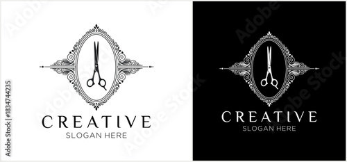Elegant logo design featuring scissors within a decorative frame, presented in both white and black versions.