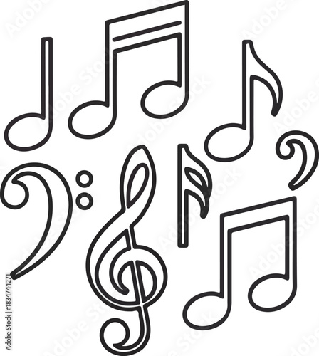 Black outline drawings of various musical notation symbols on a white background