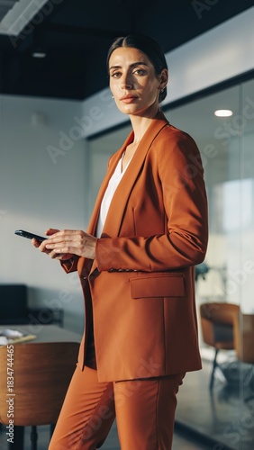 Confident businesswoman holding smartphone in modern office 1.