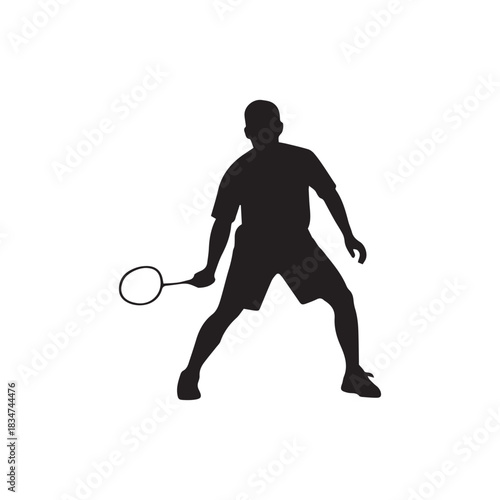 Silhouette of a person holding a badminton racket, ready to play the sport.