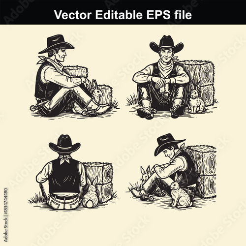 vector editable eps file showing four different views of a cowboy sitting next to hay bales and interacting with small rabbits in a vintage black and white illustration style