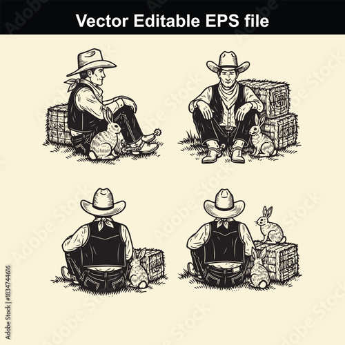 vector illustration set featuring four views of a cowboy sitting next to hay bales and rabbits, presented in a vintage engraved style