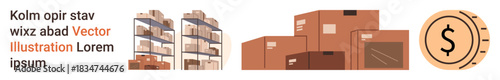 E-commerce, logistics, supply chain, storage solutions, goods movement, financial transactions. Shelves stacked with packages, boxes and a dollar coin icon. E-commerce and logistics concept
