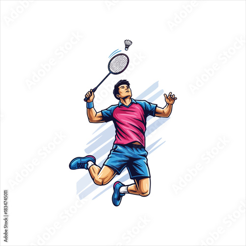 Male badminton player jumping, hitting shuttlecock, athletic sport action illustration