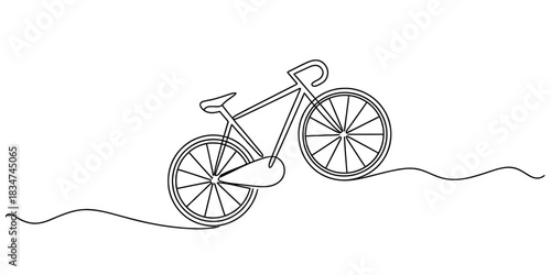 One line art bicycle with wavy ground on a white background. continuous drawing of bike for sport, ecology, and healthy lifestyle concept vector illustration Vector, illustration