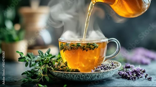 Pouring herbal tea into a glass cup with thyme and lavender. Healthy beverage concept.