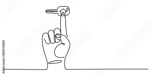 Continuous line art of a hand's index finger balancing a house key with a home icon, symbolizing property ownership and secure real estate. Vector, illustration