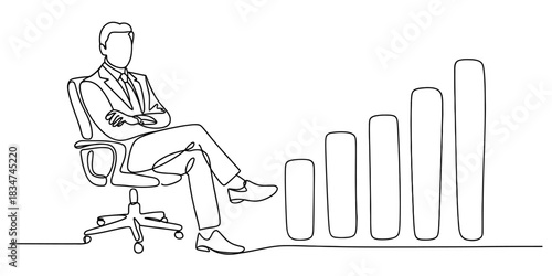 Continuous line drawing of a businessman sitting on an office chair, observing a rising bar graph, symbolizing business growth, success, and progress. Vector, illustration