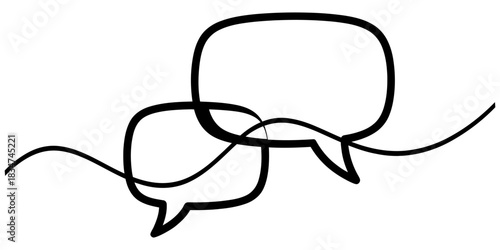 Minimalist line art illustration featuring two interconnected speech bubbles, symbolizing dialogue, communication, and shared ideas through a continuous single stroke. Vector, illustration