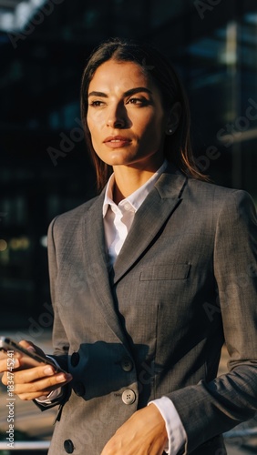 Confident Businesswoman in Grey Suit Holding Smartphone Outdoors.