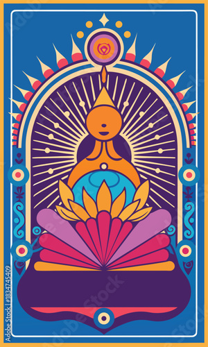 Meditative figure in lotus position radiating light and peace, spiritual enlightenment concept for wellness and mindfulness practices, vibrant poster art