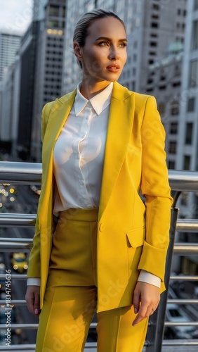 Confident businesswoman in yellow suit looking away in urban setting.