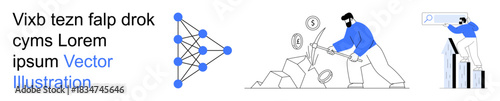 Data science, artificial intelligence, financial growth, problem-solving, technology innovation, market research. Neural network, man breaking rocks for coins and growth analysis. Data science