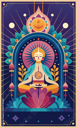 Find inner peace with this calming meditation art, a vibrant illustration perfect for promoting wellness and mindful living in a serene, colorful design